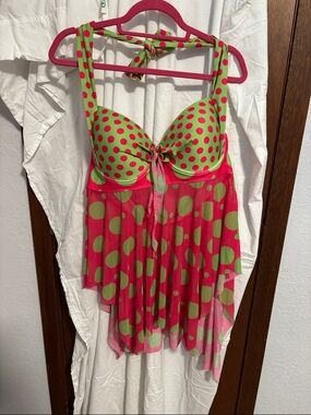 Neon Pink and Lime Polka Dot Swim Top